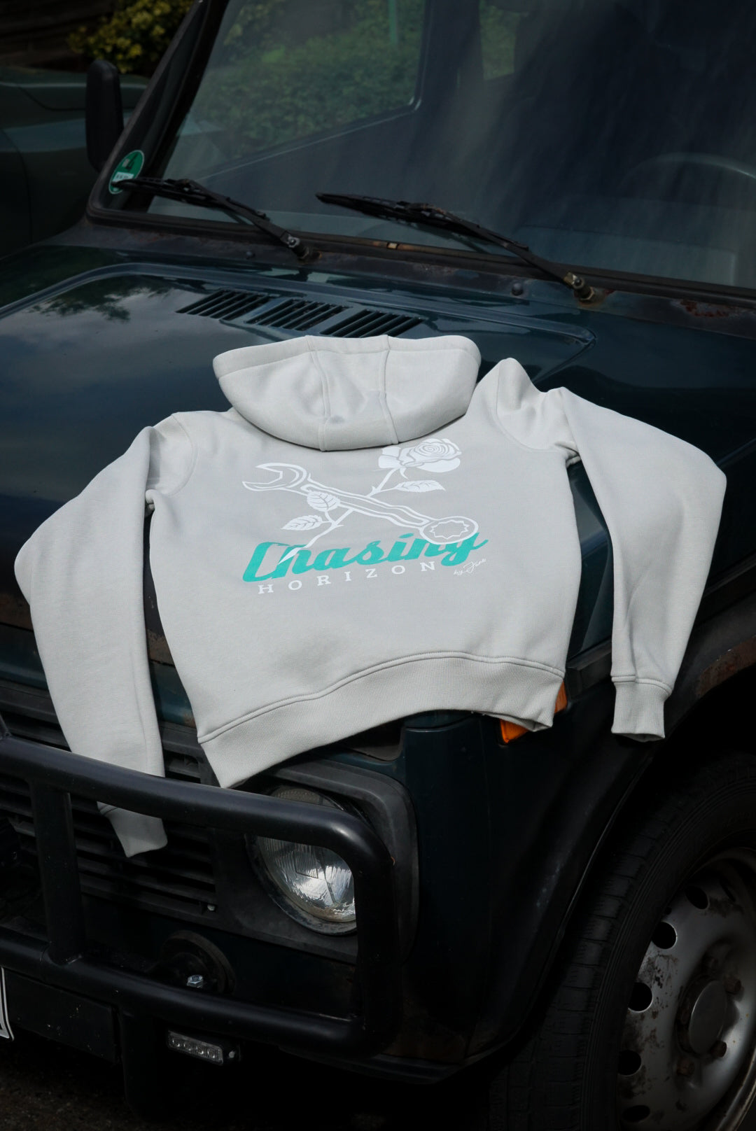 Hoodie Light Grey "chasing horizon"